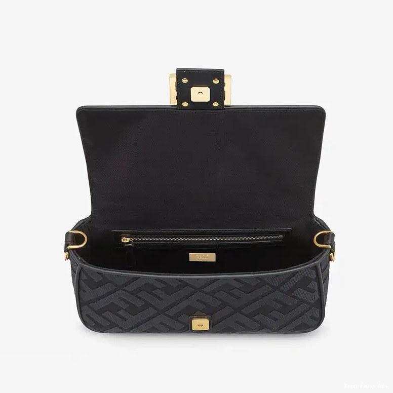 Cheap Cut Motif Bag FF Fendi In Canvas Strap with Medium Baguette Black Laser 0626